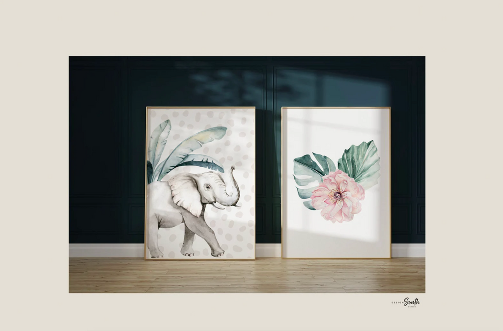 Safari girl room, jungle animals with pink flowers toddler girl art, palm nursery art, personalized name with animals prints, pink green art