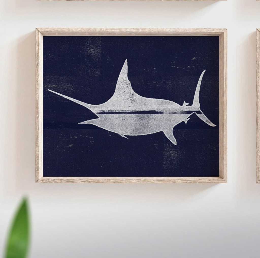 Fish navy blue gray, offshore fishing art, boys saltwater fish art, marlin nursery, boys fishing theme, fish nursery art, marlin fish decor