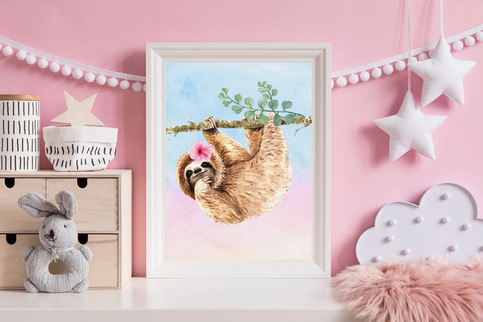 Sloth nursery girl, decor for girl's bedroom, animal lover kid gift, inspirational quote for girls wall art print, tropical sloth theme room