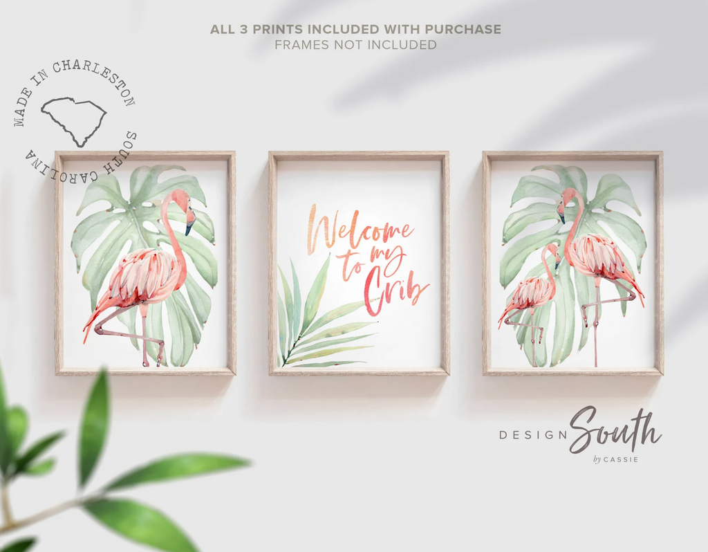 Welcome to my crib print art set, above crib tropical wall, flamingo nursery decor, baby room decor, newborn flamingo nursery pink and green