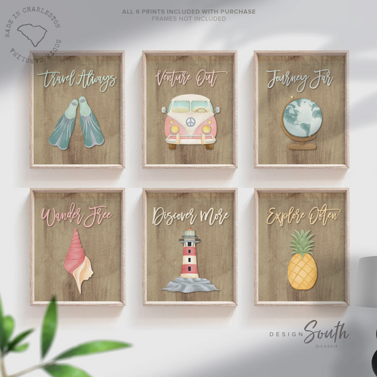 Travel themed kids bedroom wall art, print set of 6 travel art for children, playroom travel themed decor, inspirational travel art for kids – unframed wall art print for kids room or nursery.