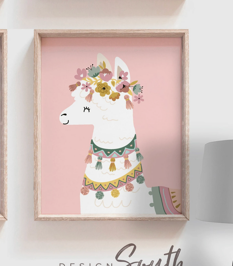 Pink llama print set of 6, little girl bedroom art llama themed, baby girl llama art flower crowns, girl boho llamas, boho baby room mauve colors