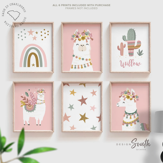 Stars with pink llamas, alpaca print set of 6, little girl bedroom art llama themed, baby girl llama art flower crowns, girl boho llamas, boho baby room mauve colors – unframed wall art print for kids room or nursery.