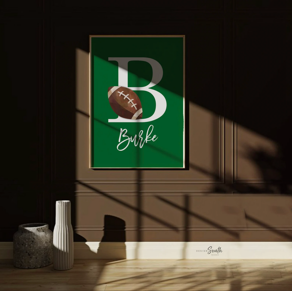 Green gray sports theme, little boys name gift, sports wall art, athlete baby boy gift, artwork above bed sports theme, basketball football