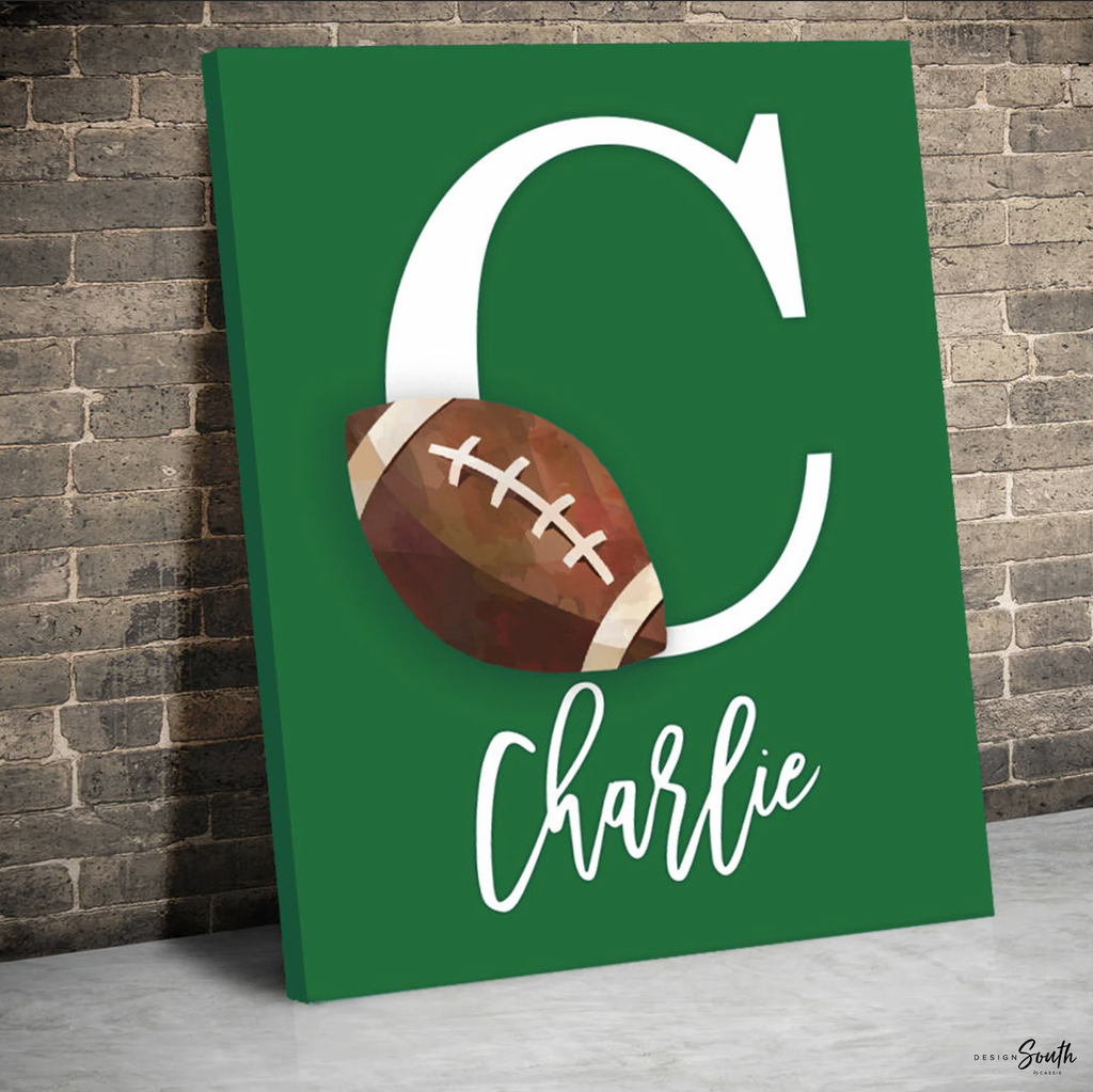 Green gray sports theme, little boys name gift, sports wall art, athlete baby boy gift, artwork above bed sports theme, basketball football