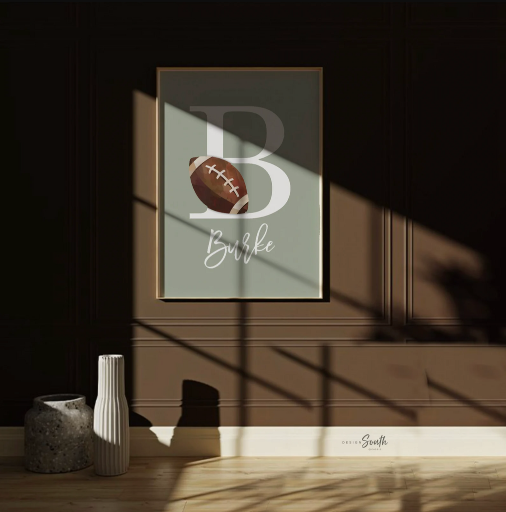 Green sports collection print set boys name, sports theme wall, sports art personalized gift, light green baseball football kid wall art boy