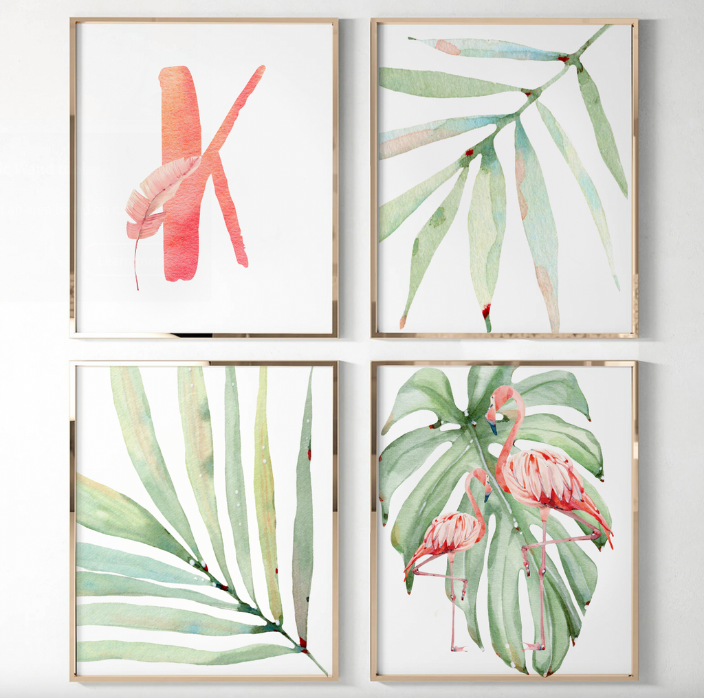 Tropical palm leaf baby pink green girls nursery art, girl pink flamingo art, baby girl name and quote, girl baby flamingo wall art tropical