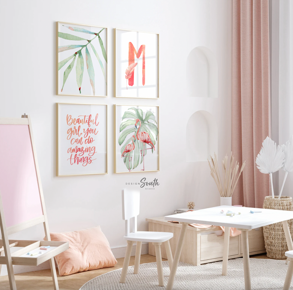 Tropical palm leaf baby pink green girls nursery art, girl pink flamingo art, baby girl name and quote, girl baby flamingo wall art tropical