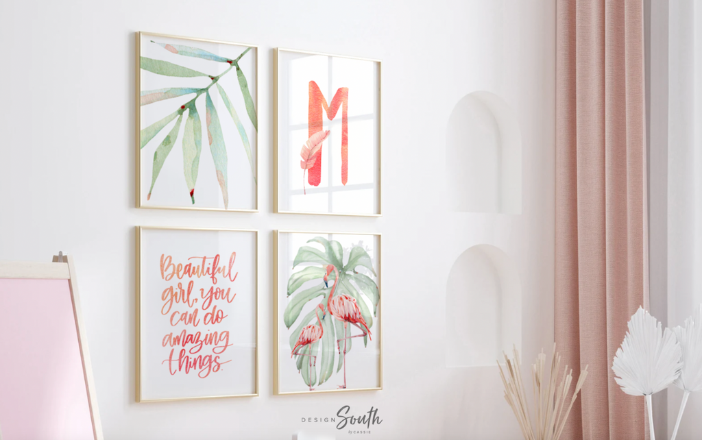 Tropical palm leaf baby pink green girls nursery art, girl pink flamingo art, baby girl name and quote, girl baby flamingo wall art tropical
