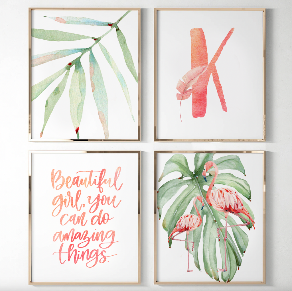 Tropical palm leaf baby pink green girls nursery art, girl pink flamingo art, baby girl name and quote, girl baby flamingo wall art tropical