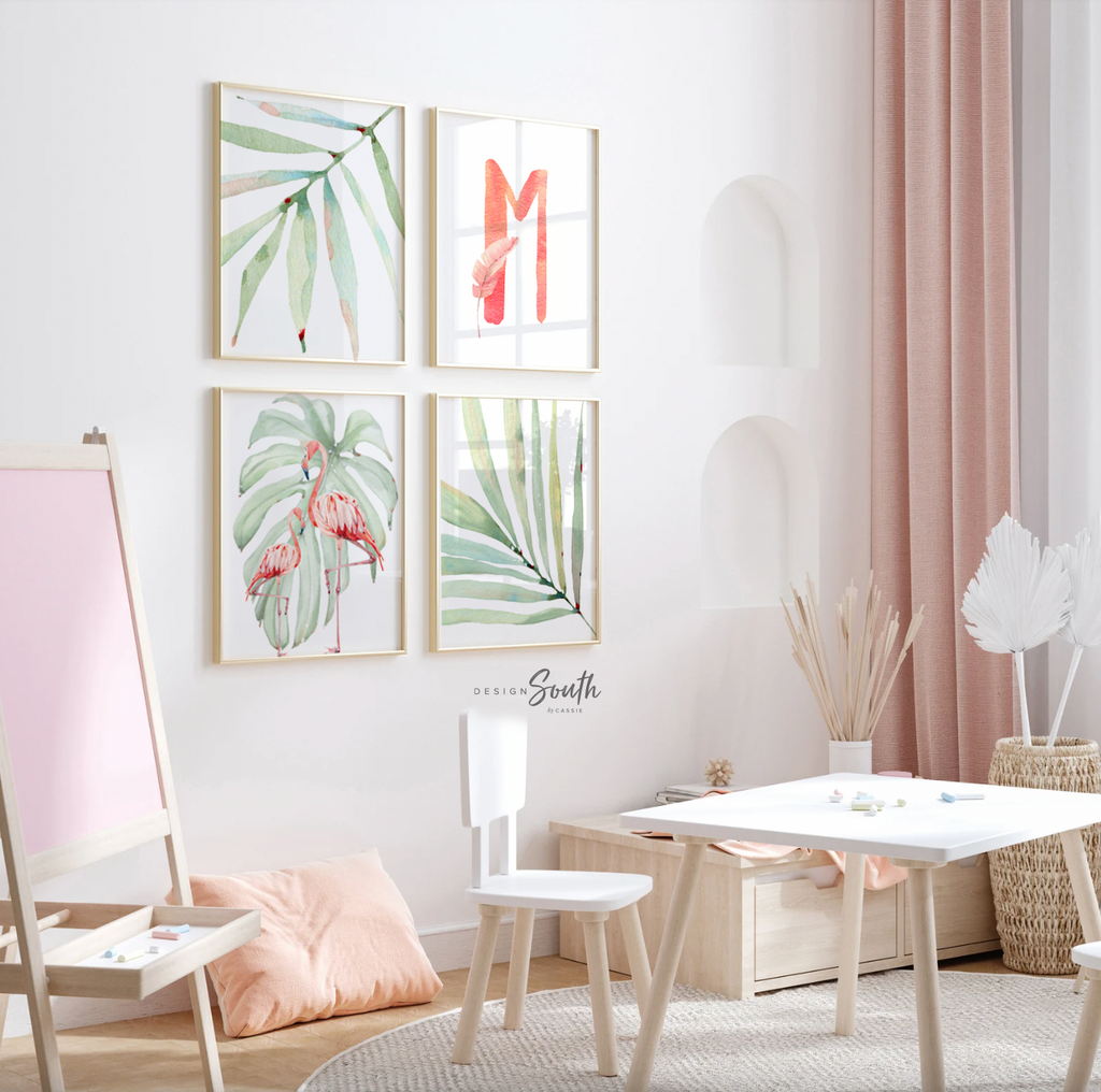 Tropical palm leaf baby pink green girls nursery art, girl pink flamingo art, baby girl name and quote, girl baby flamingo wall art tropical