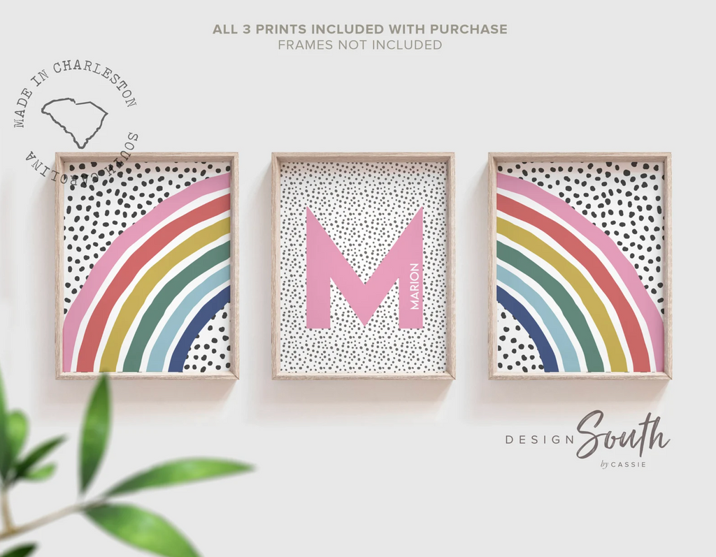 Girl's initial and name with rainbow nursery monogram art print, baby girl monogram nursery wall art, custom bedroom kid art, rainbow monogram letter, playroom wall art