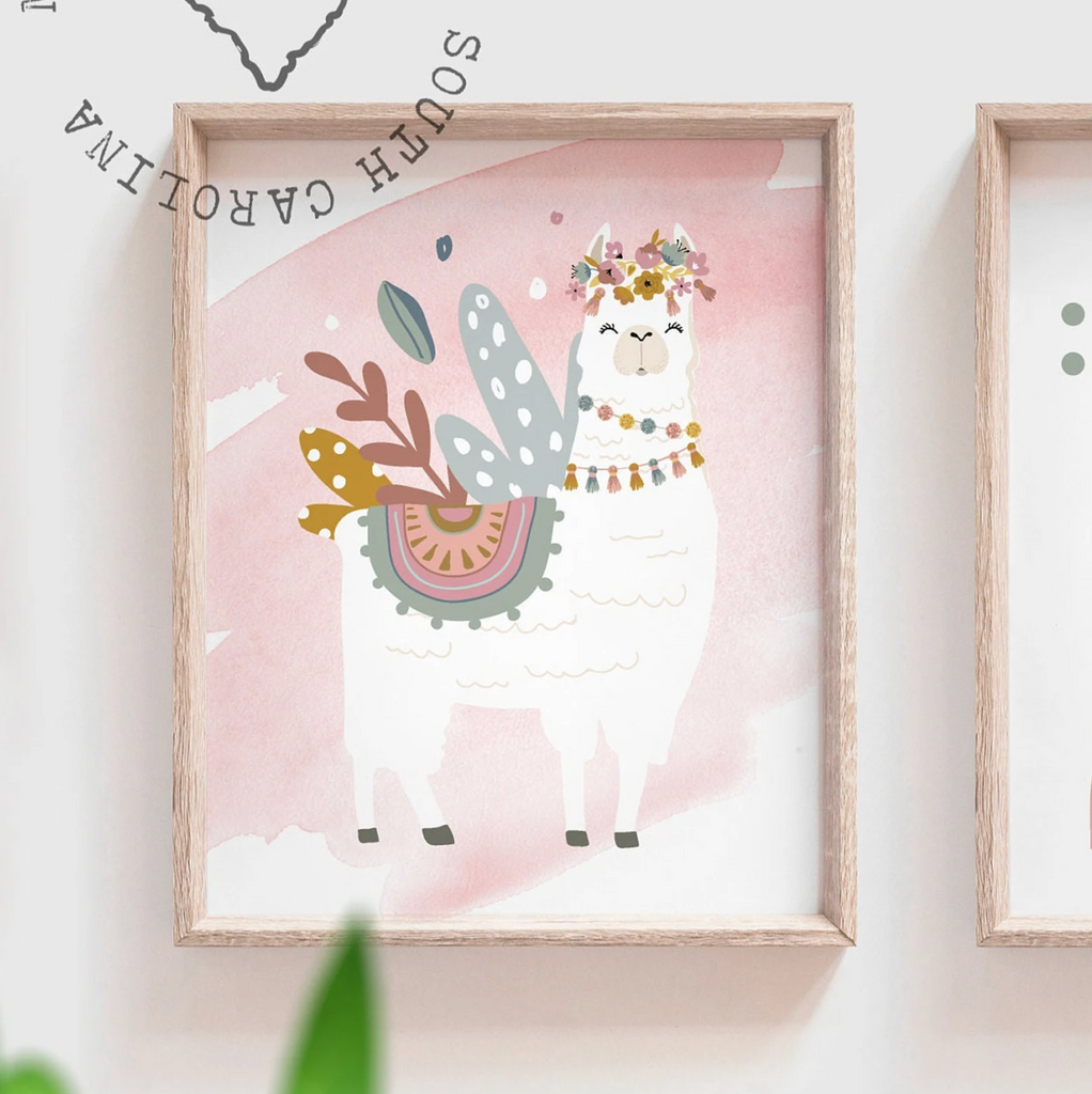 Pink watercolor boho nursery decor, boho nursery wall art idea, print set llama mauve pink succulents, llama themed baby room, wall decor girl bedroom llama