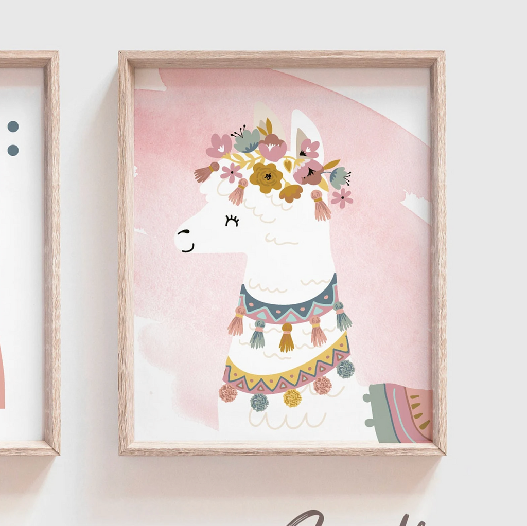 Pink watercolor boho nursery decor, boho nursery wall art idea, print set llama mauve pink succulents, llama themed baby room, wall decor girl bedroom llama