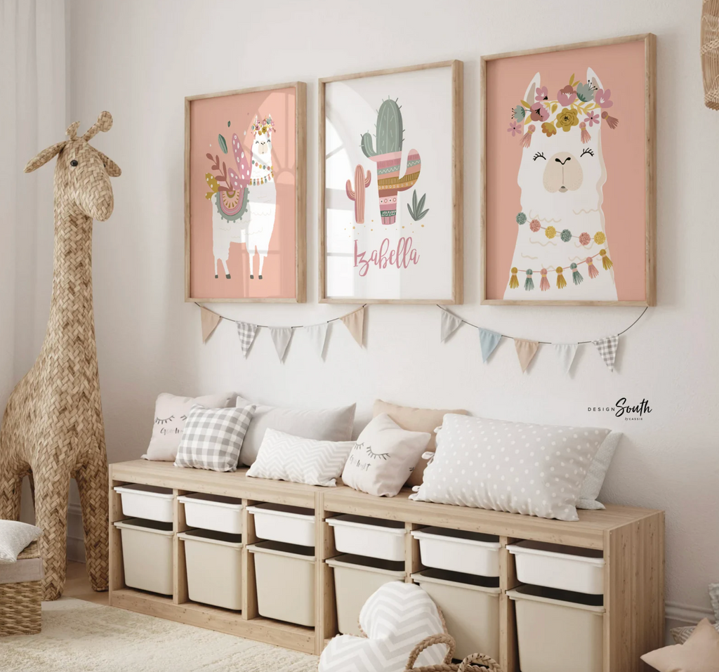 Name script boho with llamas nursery decor, boho nursery wall art idea, print set llama mauve pink succulents, llama themed baby room, wall decor girl bedroom llama