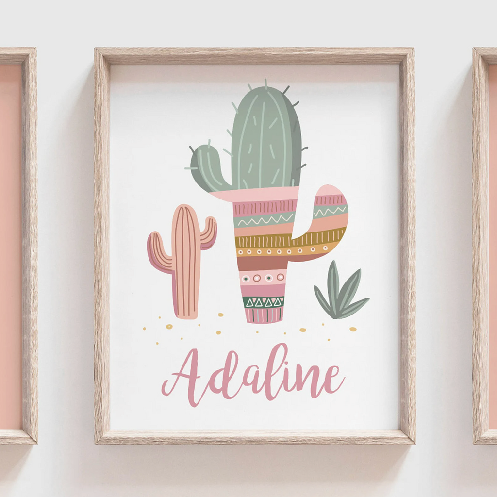 Name script boho with llamas nursery decor, boho nursery wall art idea, print set llama mauve pink succulents, llama themed baby room, wall decor girl bedroom llama