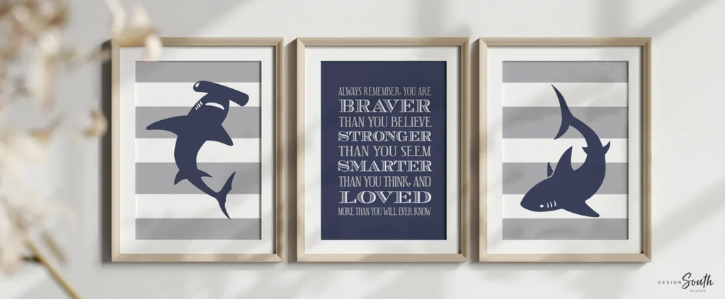 Boys navy blue and gray shark room decor, boys wall art, big boy bedroom, boys shark bedroom personalized name, shark nursery, shark decor