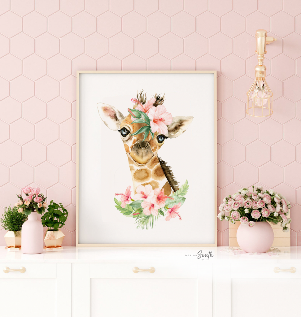 Blush pink girls animal nursery art, girl animal art, baby girl name flower animal, girl baby giraffe wall art, girl bedroom tropical jungle