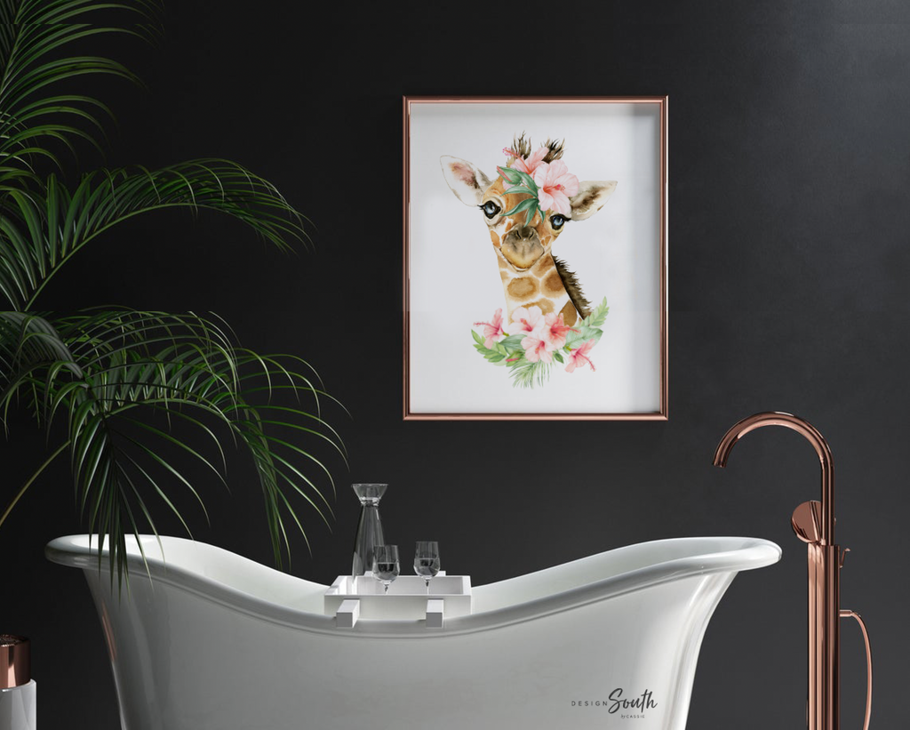 Blush pink girls animal nursery art, girl animal art, baby girl name flower animal, girl baby giraffe wall art, girl bedroom tropical jungle