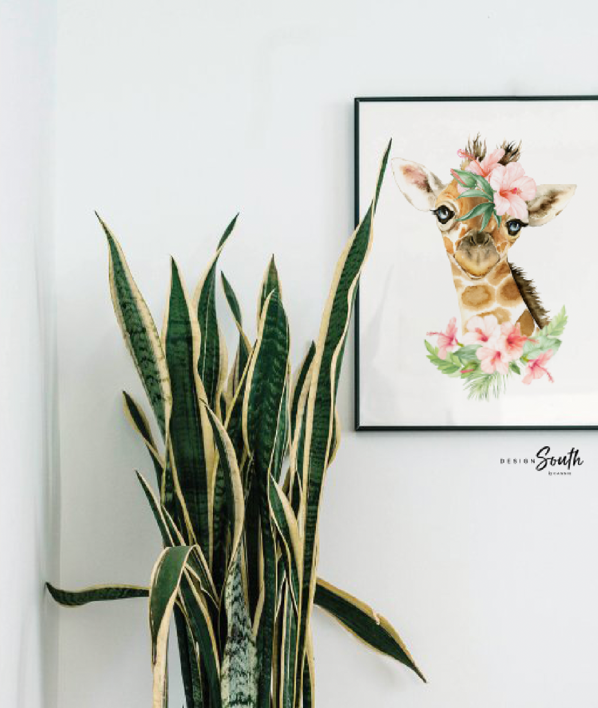 Blush pink girls animal nursery art, girl animal art, baby girl name flower animal, girl baby giraffe wall art, girl bedroom tropical jungle
