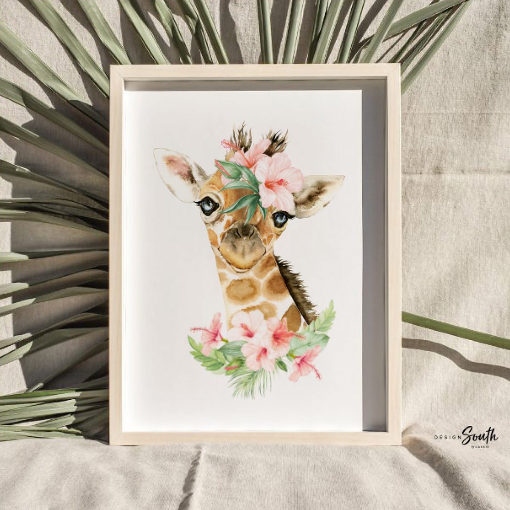 Blush pink girls animal nursery art, girl animal art, baby girl name flower animal, girl baby giraffe wall art, girl bedroom tropical jungle