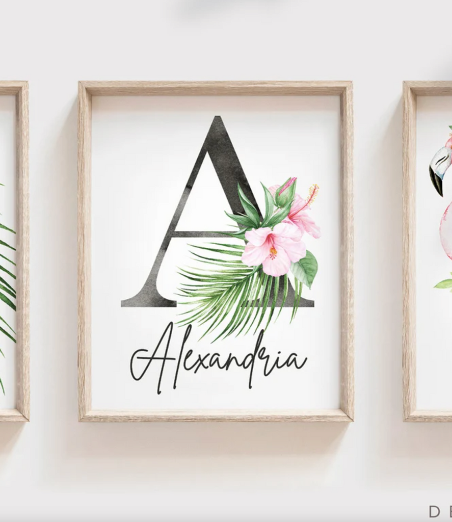 Girl pink wall nursery decor, flamingo tropical leaves nursery art, jungle theme botanical baby girl wall, coastal nursery decor, pink tropical decor