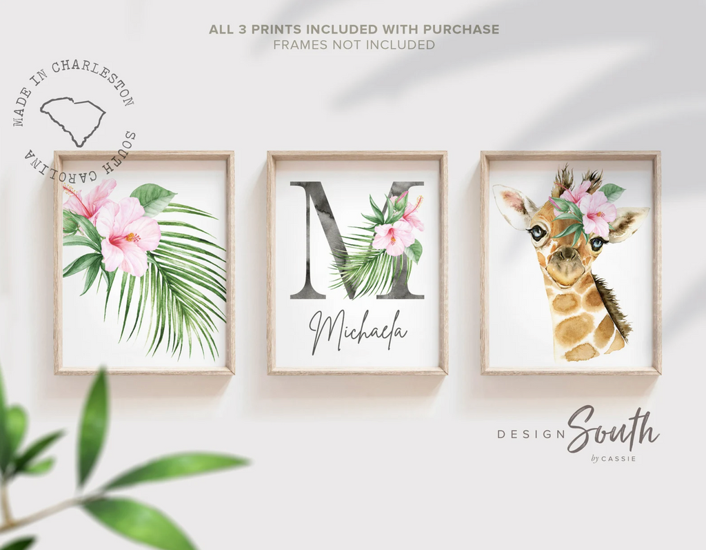Girl pink wall nursery decor, flamingo tropical leaves nursery art, jungle theme botanical baby girl wall, coastal nursery decor, pink tropical decor
