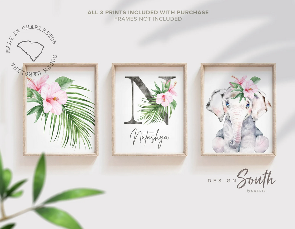 Girl pink wall nursery decor, flamingo tropical leaves nursery art, jungle theme botanical baby girl wall, coastal nursery decor, pink tropical decor