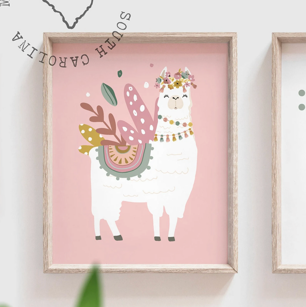 Pink floral boho nursery decor, boho nursery wall art idea, print set llama mauve pink succulents, llama themed baby room, wall decor girl bedroom llama