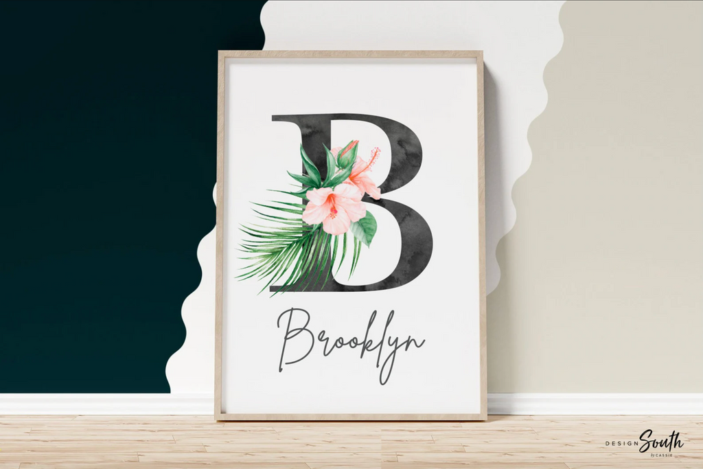 Peach palm coral tropical prints, bright floral tropical nursery art, palm beach baby room, blush peach gold tropical girl nursery bedroom