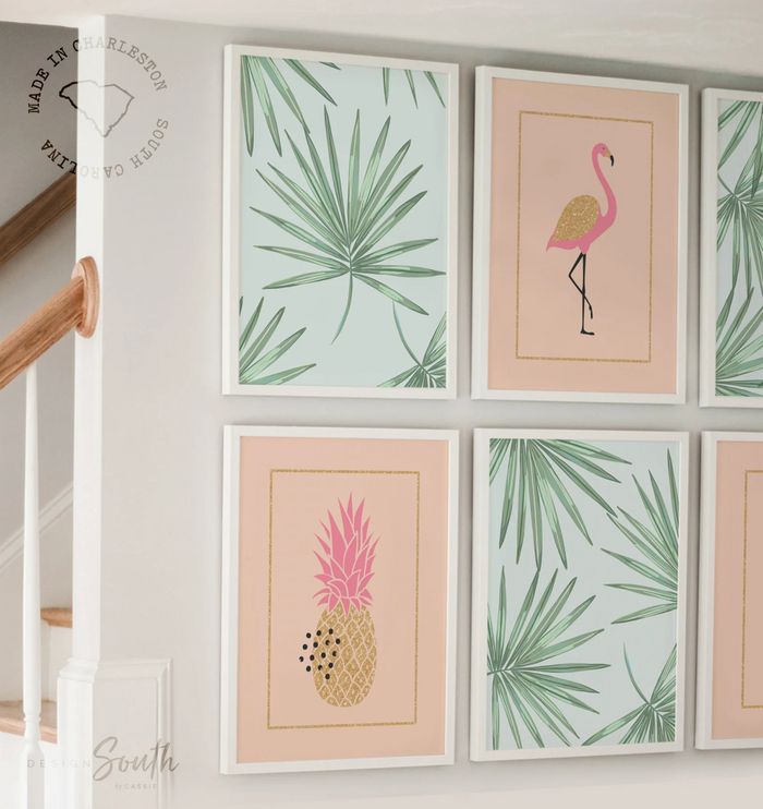 Tropical nursery baby, pink palm trees nursery wall, green palm leaf flamingo bedroom, baby girl nursery ideas, themed nursery tropical girl
