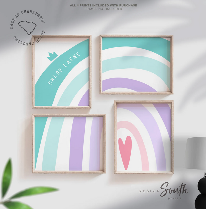 Teal and purple rainbow nursery teal aqua purple lilac lavender pink, heart love girls name personalized gift, purple and teal nursery, girls bedroom wall
