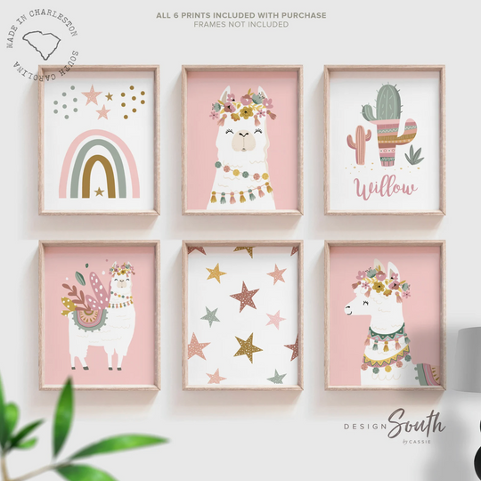 Stars rainbows pink boho baby room decor, baby girl nursery ideas mauve pink, bohemian style nursery art print set for girl, personalized gift girl boho llama – unframed wall art print for kids room or nursery.