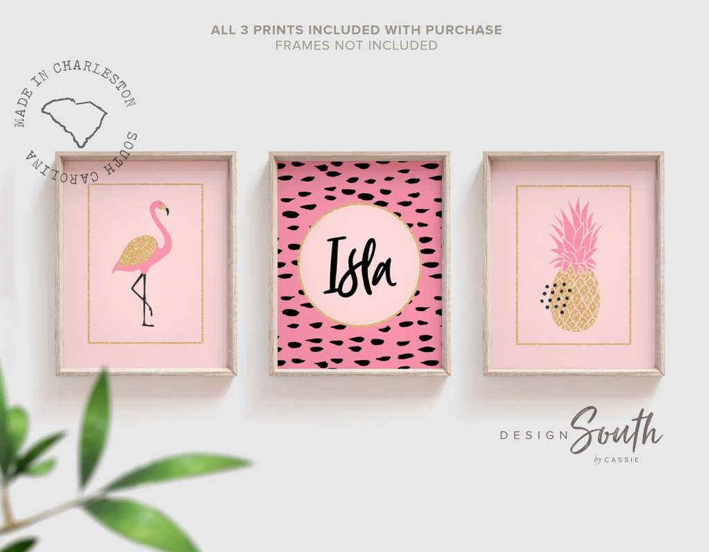 Pink and gold girls wall decor, nursery prints flamingo themed room decor, flamingo tropical art set, pink gold pineapple nursery, personalized nursery