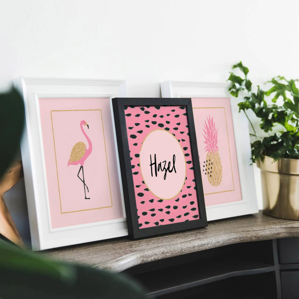 Pink and gold girls wall decor, nursery prints flamingo themed room decor, flamingo tropical art set, pink gold pineapple nursery, personalized nursery