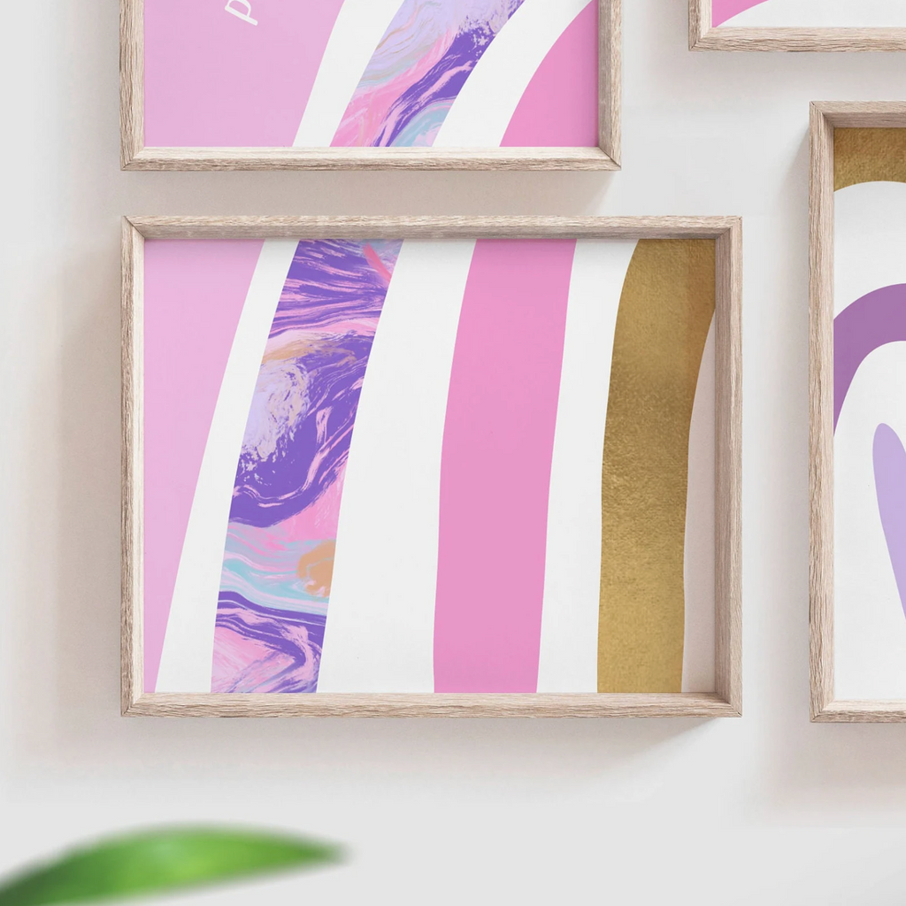 Pink gold and purple art prints, rainbow themed girls room pink purple gold, little girl bedroom or baby nursery wall art, rainbow room art