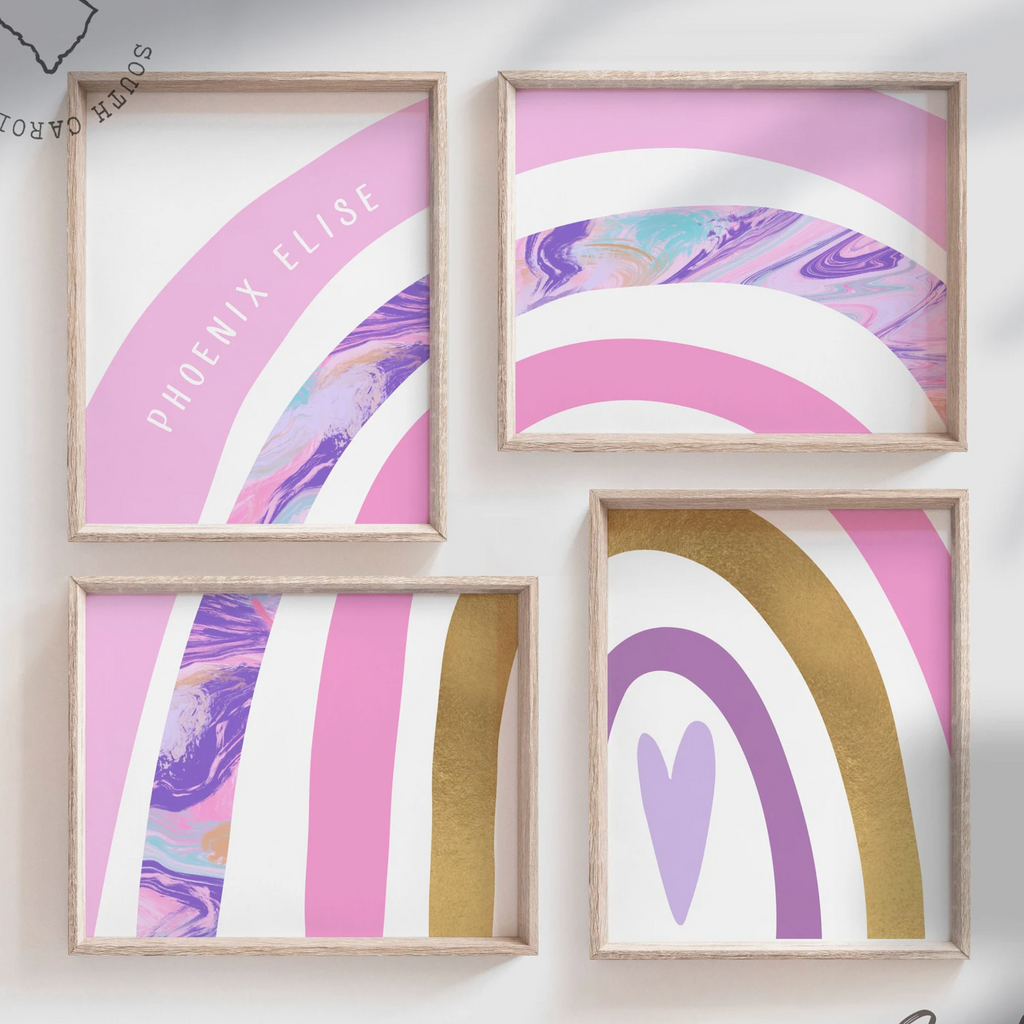 Pink gold and purple art prints, rainbow themed girls room pink purple gold, little girl bedroom or baby nursery wall art, rainbow room art