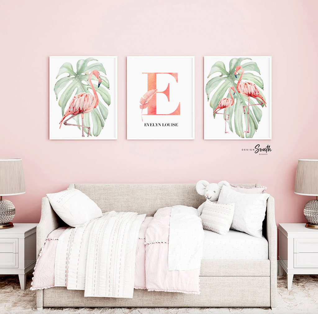 Tropical flamingo nursery, pink green nursery tropical baby, monstera leaf tropical theme baby, trendy nursery wall art decor baby girl gift