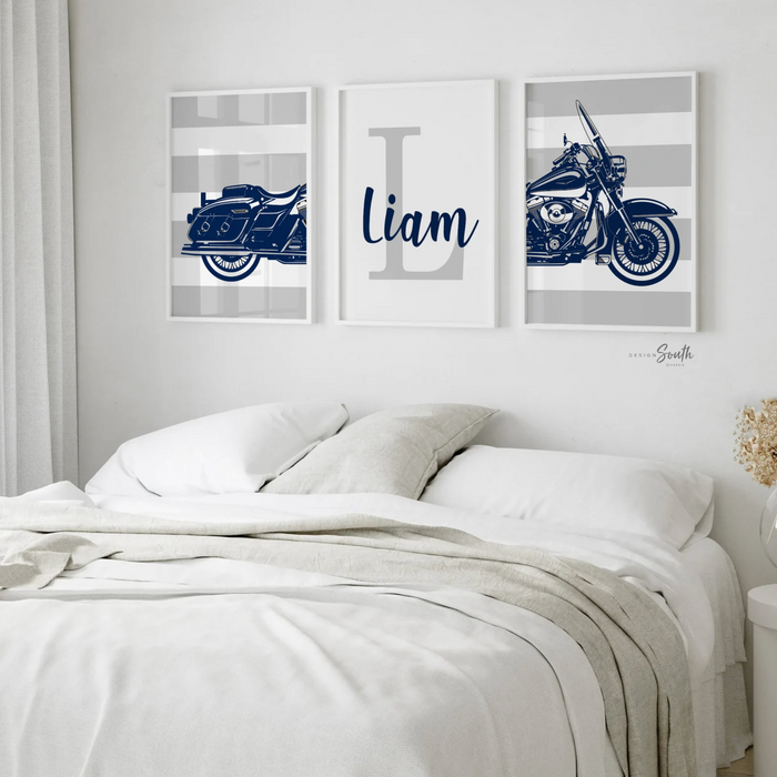 Road King motorcycle nursery art, motorcycle kid gift, baby boy motorcycle, boy bedroom motorcycles, motorcycle themed boys room gift, navy and gray motorcycle art