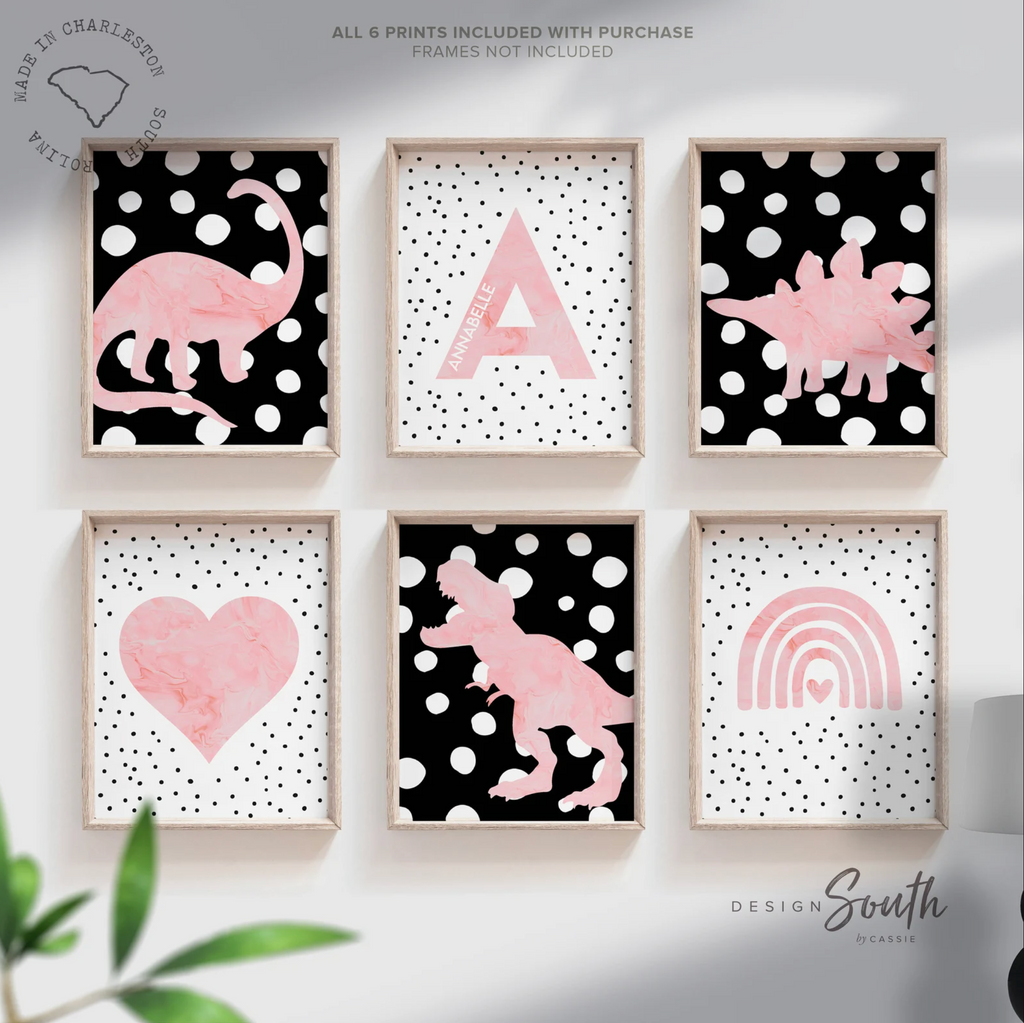 Girl pink dinosaur birthday party gift, dinosaur girl decorations, dinosaur girl room art prints, dinosaur rainbow personalized name initial