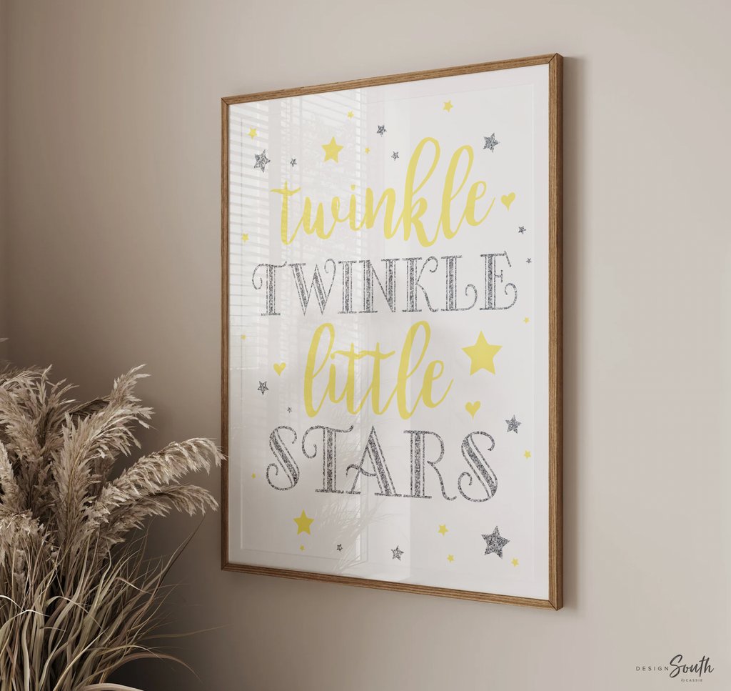 Yellow and gray twin nursery decor, boy/girl shared nursery art, twin wall boy/girl room decor, twin silver sparkles stars celestial theme
