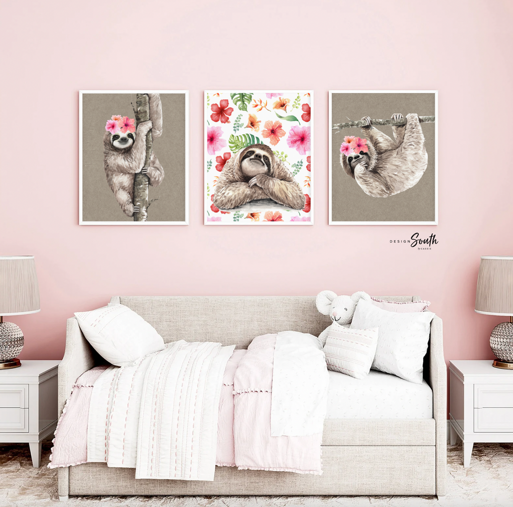 Sloth themed little girl room decor, wall art sloth set girl's nursery bedroom, tropical sloth pictures girl nursery theme, cute sloth set