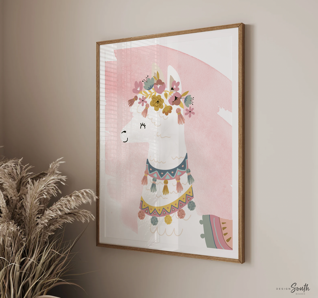 Pink watercolor boho nursery decor, boho nursery wall art idea, print set llama mauve pink succulents, llama themed baby room, wall decor girl bedroom llama