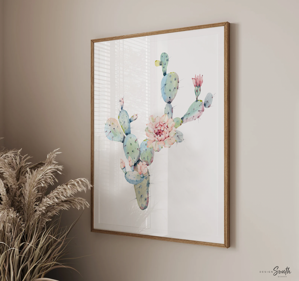 Floral cactus wall art nursery, baby girl's room wall art, succulent desert cactus bloom pink flowers, gallery wall, girl playroom pink art