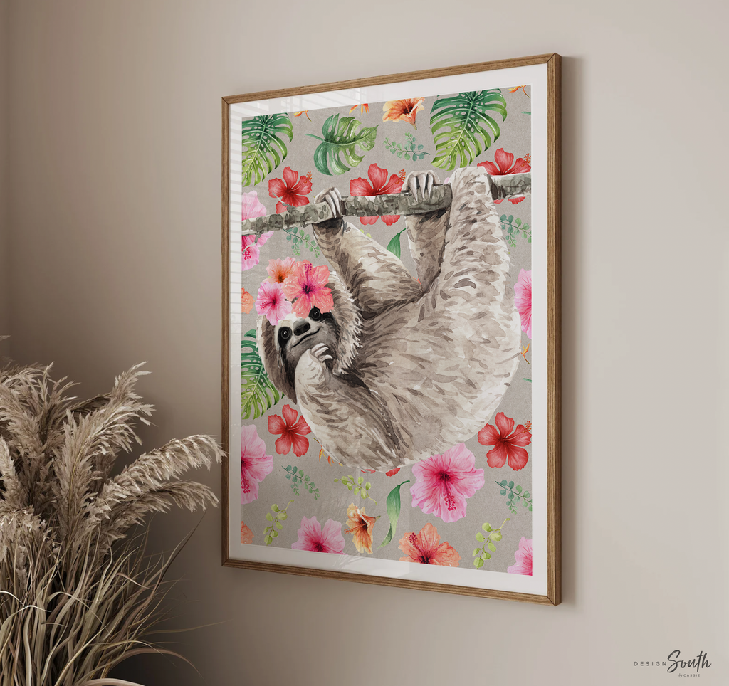 Sloth decor for nursery or bedroom, sloth themed baby shower gift girl, little girl bedroom wall ideas, sloth wall art print set, sloth pink