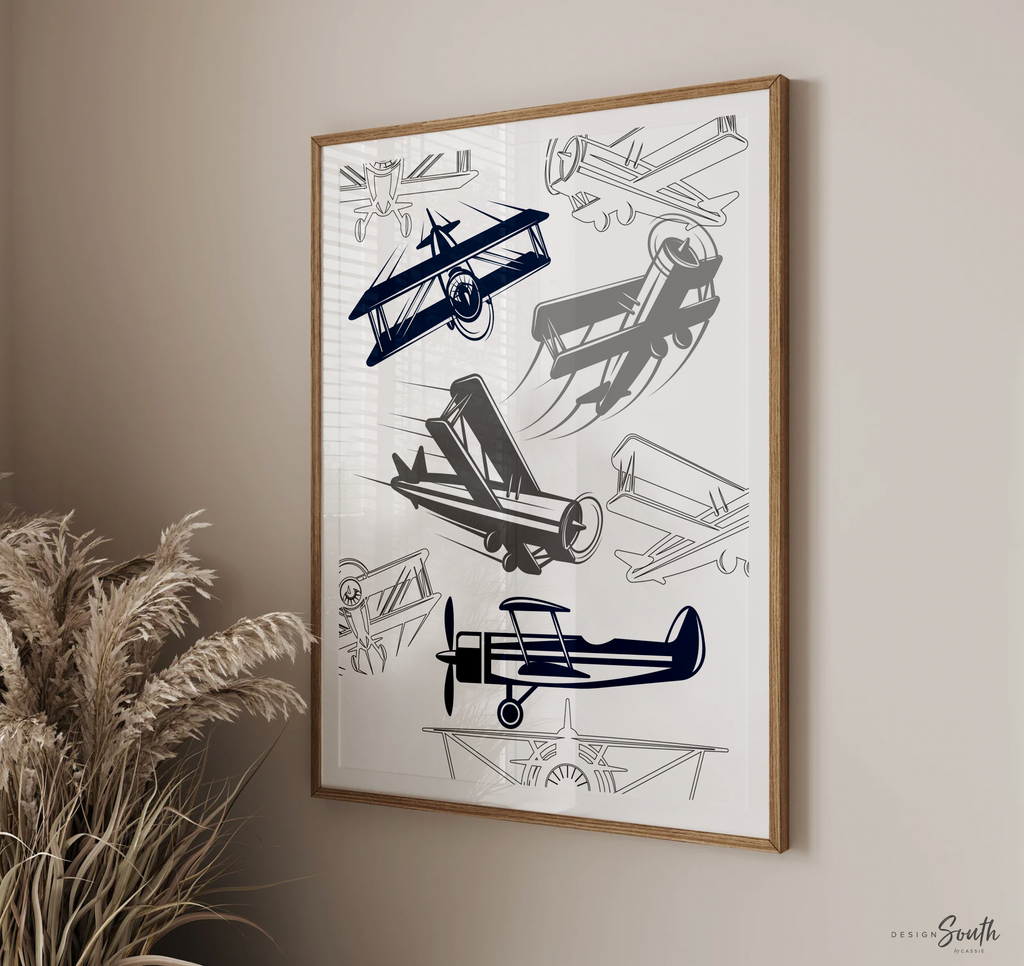 Airplane nursery art featuring vintage and modern airplane designs, perfect for boys' rooms, nurseries, and aviation-themed decor. This airplane wall art adds a touch of adventure and charm to baby nurseries, toddler rooms, and kids' playrooms. Ideal for creating an aviation-themed space, this boys' airplane art is a perfect addition to any child's bedroom, inspiring imagination and a love for flight. Great for gifts, room makeovers, and nursery decor.