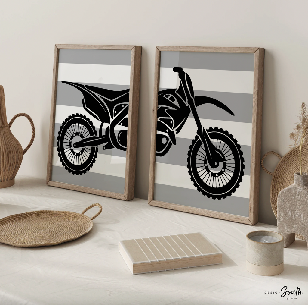 Boy's motocross, dirt bike themed sports kids birthday party gift, personalized boys name, orange and black dirt bike room decor motocross gray
