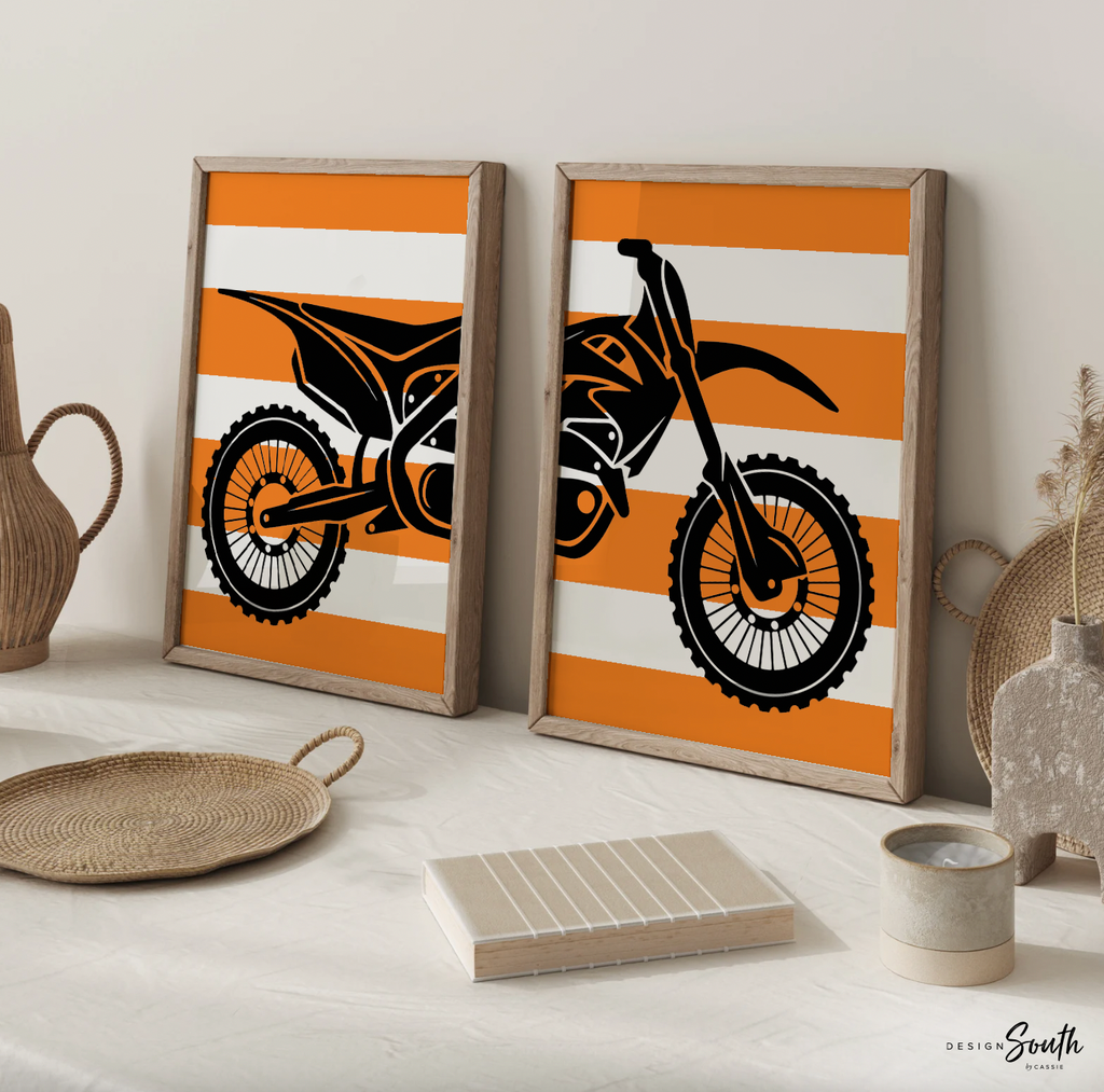 Boy's motocross, dirt bike themed sports kids birthday party gift, personalized boys name, orange and black dirt bike room decor motocross
