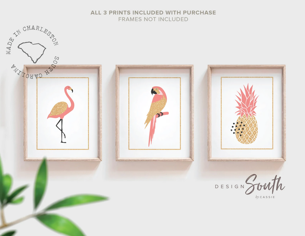 Coral flamingo girl art, flamingo gift for girl, tropical nursery theme decor, coral gold nursery art, flamingo pineapple art print set of 3