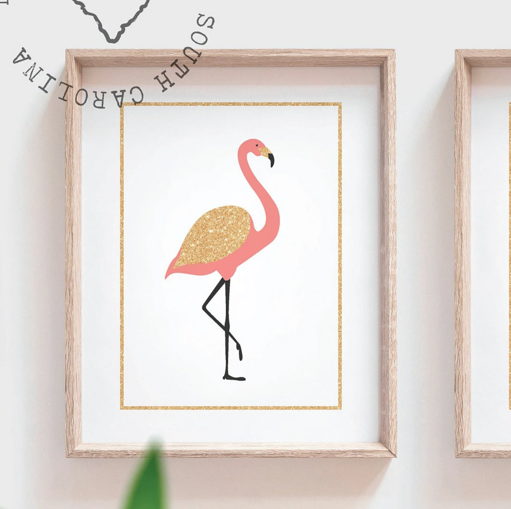 Coral flamingo girl art, flamingo gift for girl, tropical nursery theme decor, coral gold nursery art, flamingo pineapple art print set of 3